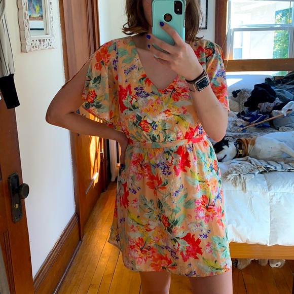 Peachy Floral Mini Dress with Cold Shoulders - Picture 3 of 3